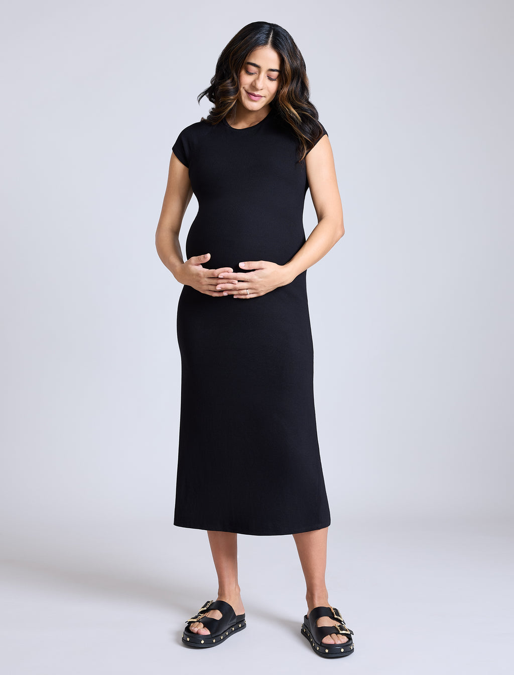 green emerald velvet dress Blue Ribbed Knit Fitted Maternity Midi Sweater Dress